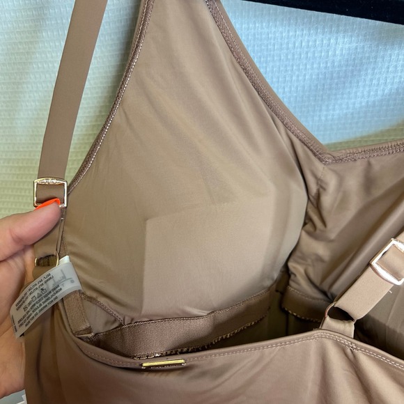 Nicole Miller Studio Toasted Coconut Deep V Neck Belted One Piece Swimsuit XXL - Picture 9 of 9